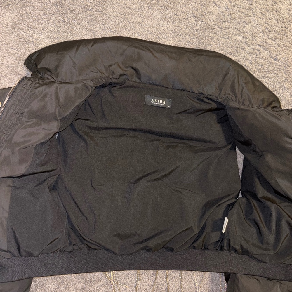 AKIRA Black Cold-Shoulder Puffer Coat With Iridescent Rhinestones Size M - Picture 5 of 16